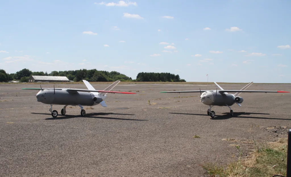 2 MGI SkyShark autonomous OWE drones with demo landing gear – medium-range strike UAV with twin tail and modular payload
