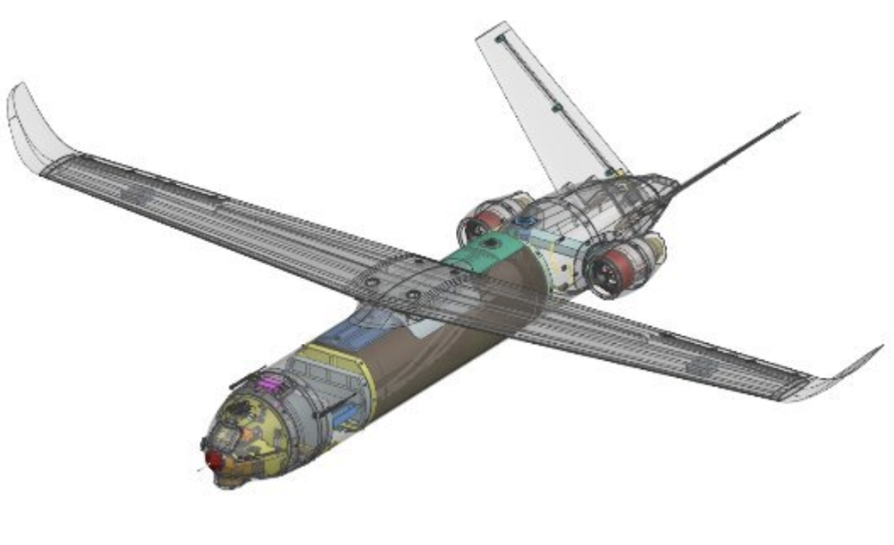 MGI SkyShark autonomous OWE drone cut away render – medium-range strike UAV with twin tail and modular payload
