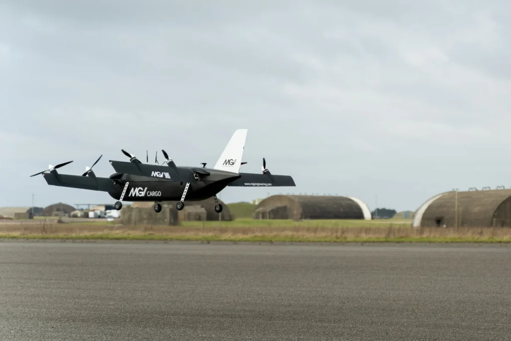 MGI Mosquito drone taking off from runway – modular eVTOL UAV designed for multi-role autonomous missions