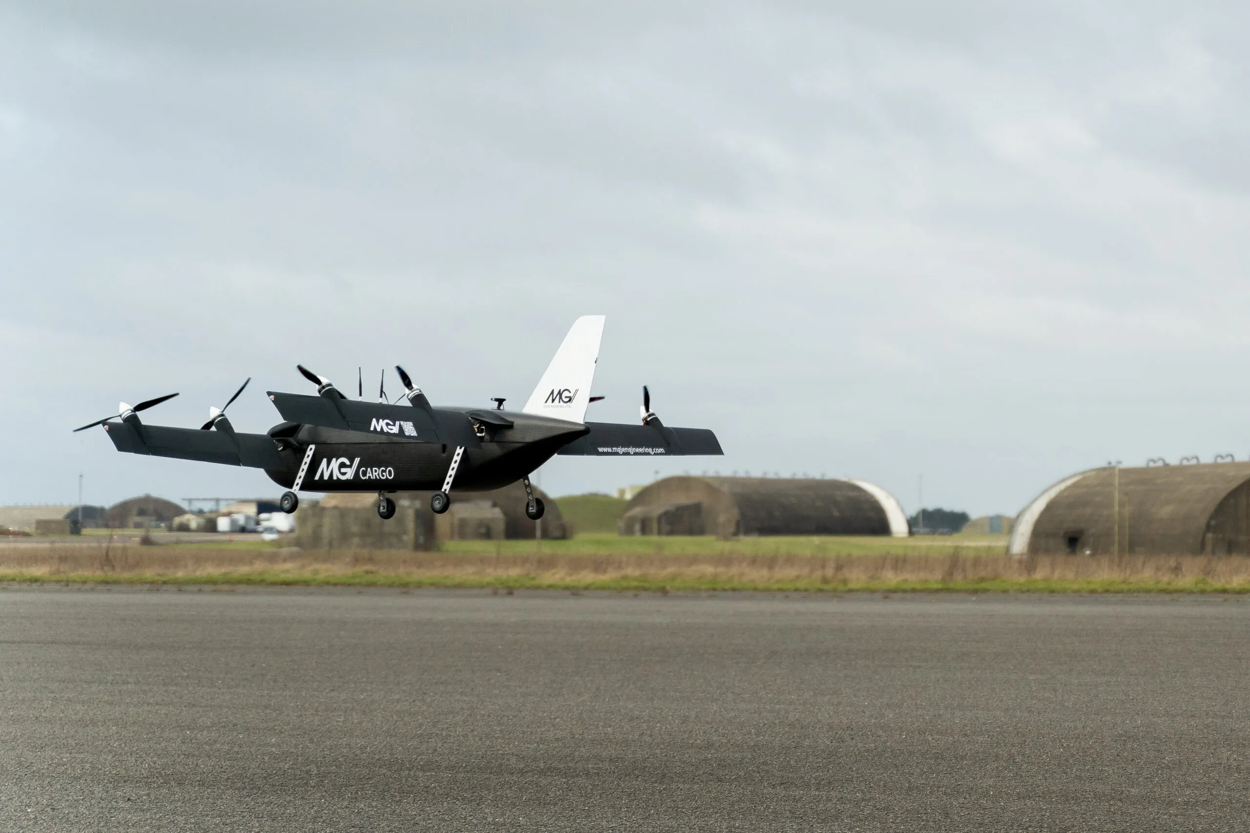 MGI Mosquito drone taking off from runway – modular eVTOL UAV designed for multi-role autonomous missions