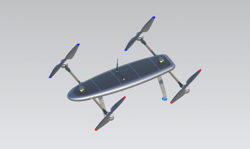 Concept rendering of lightweight quadcopter drone with vertical lift rotors and aerodynamic body design