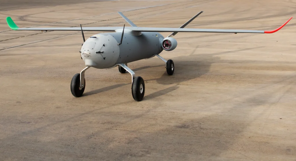 MGI SkyShark autonomous OWE drone with temporary undercarriage – medium-range strike UAV with twin tail and modular payload