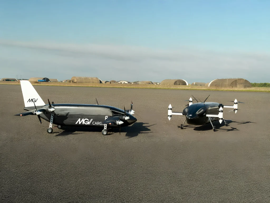 Two MGI Mosquito drones on runway – modular eVTOL UAVs with cargo and strike configurations for multi-domain autonomous operations