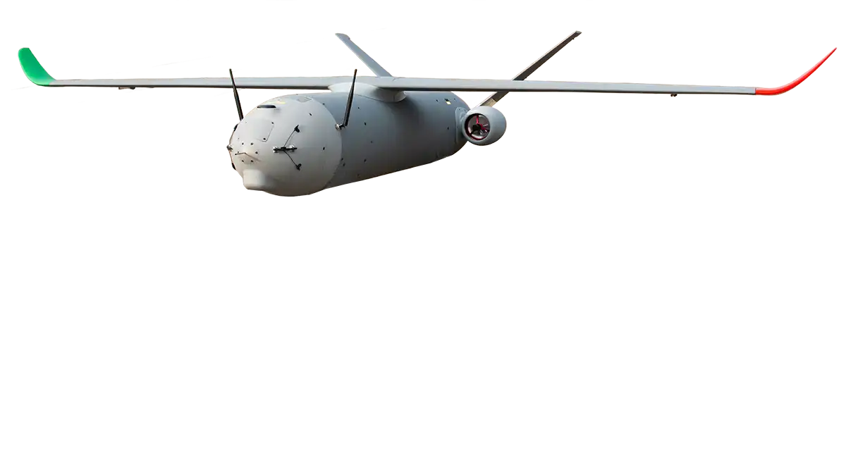 MGI SkyShark autonomous OWE drone in flight above clouds – medium-range strike UAV with twin tail and modular payload