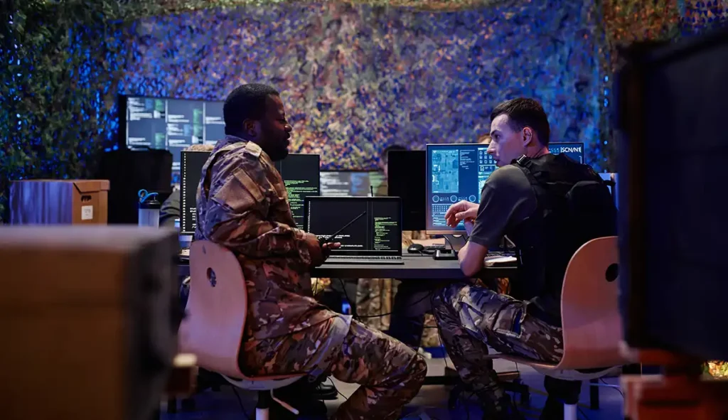 Two military personnel in camouflage uniforms operate computers inside a tactical command centre with multiple screens and digital interfaces.