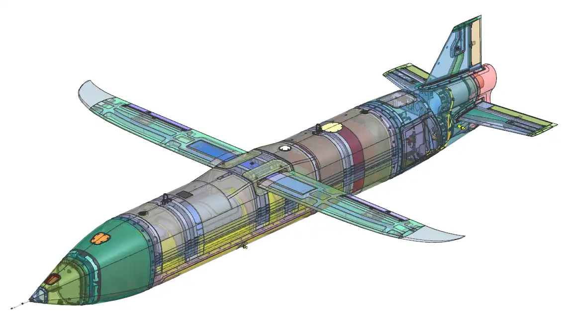 3D render of the MGI TigerShark one-way effector drone showing internal components and aerodynamic structure