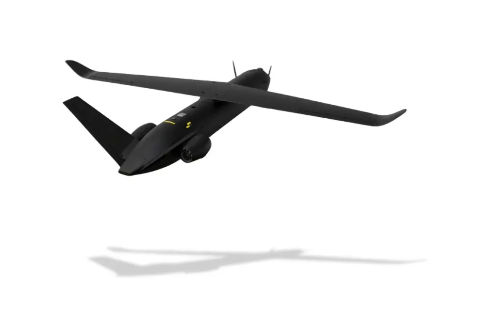 SkyShark scalable autonomous drone in flight with extended wingspan