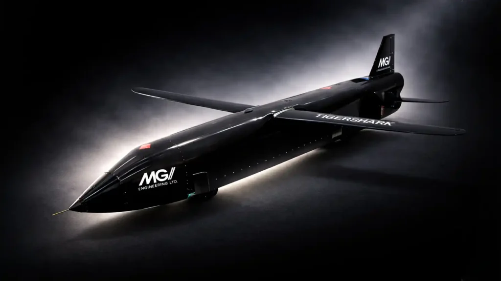 TigerShark autonomous one-way effector drone in black studio lighting showcasing low-cost precision strike platform