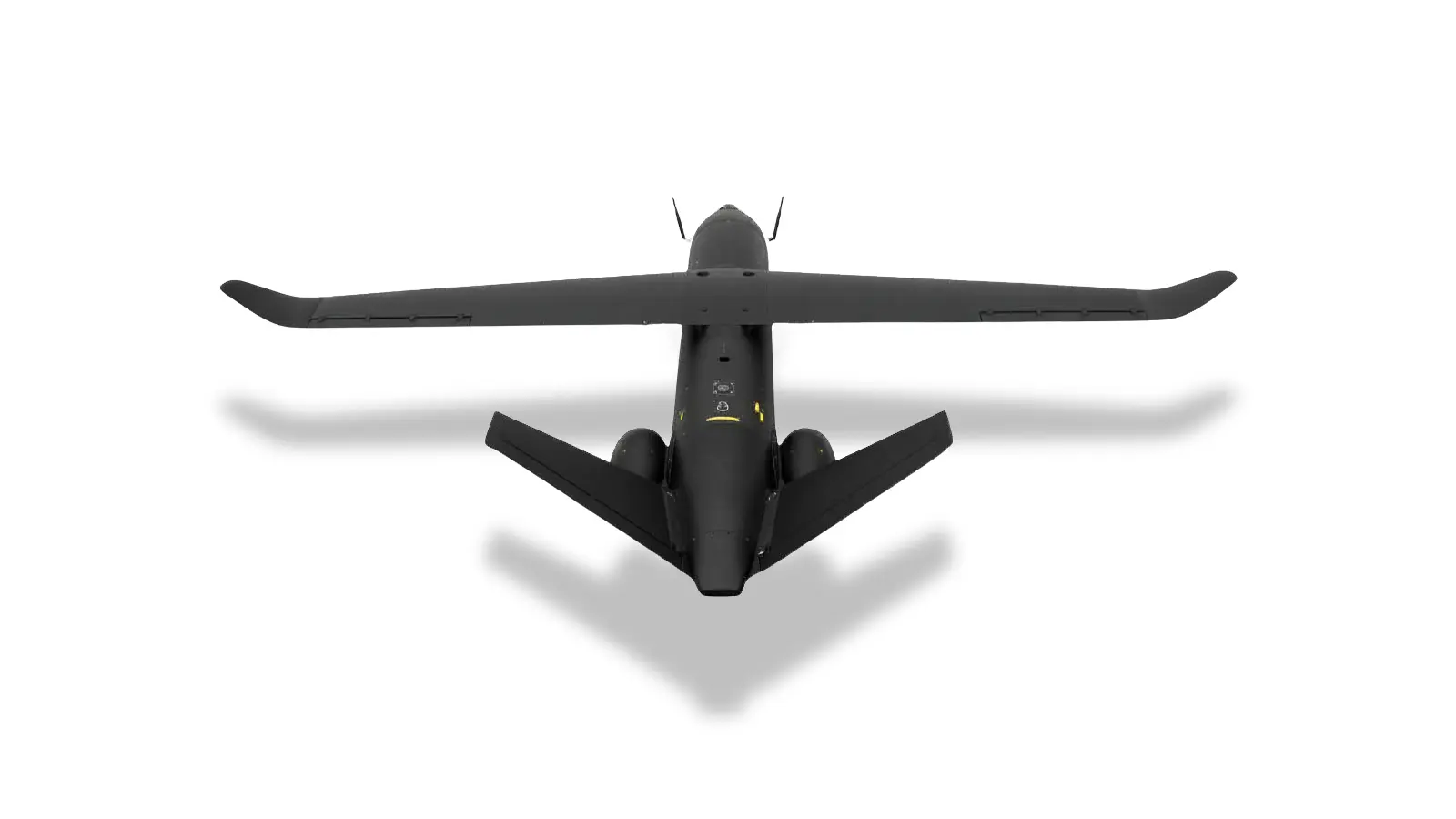 Rear view of SkyShark autonomous drone with twin tail fins and extended wings
