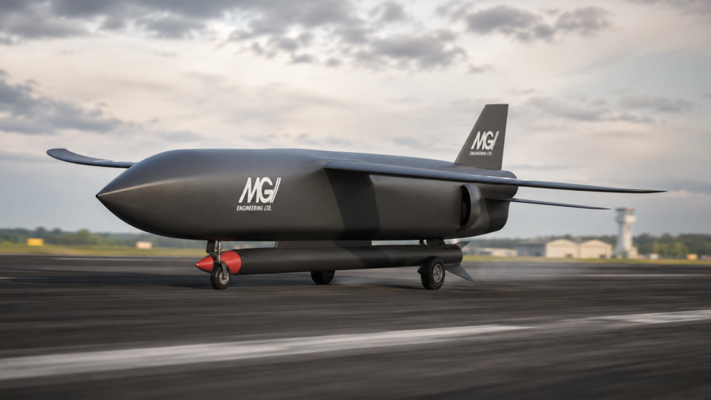 MGI LeopardShark Autonomous Collaborative Platform (ACP) autonomous military drone on an airfield runway