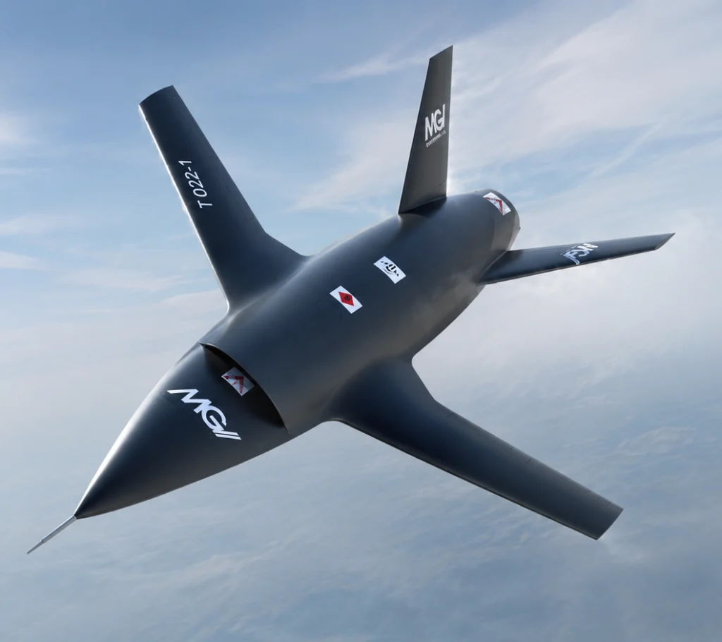 MGI T022 Vortex autonomous collaborative aircraft in flight above the clouds