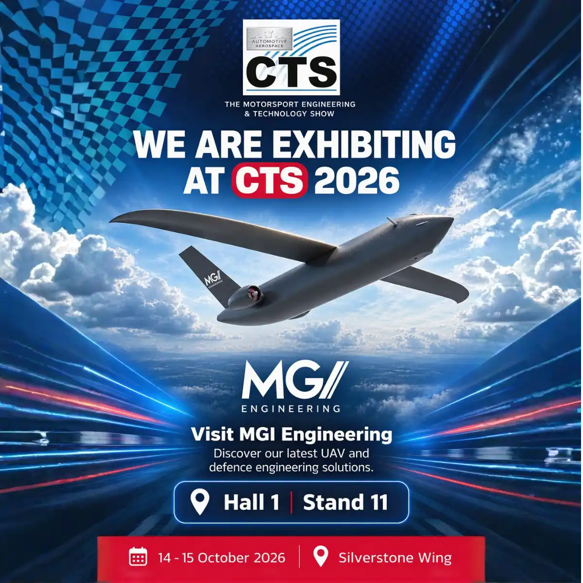 MGI Engineering exhibiting at CTS 2026 at Silverstone Wing, featuring the SkyShark II UAV, Hall 1 Stand 11.
