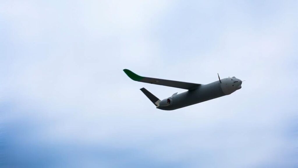 MGI SkyShark autonomous OWE drone in flight – medium-range strike UAV with twin tail and modular payload